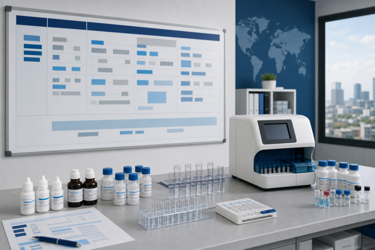 Coagulation test menu planning bench with analyzer, reagents, cuvettes and planning board