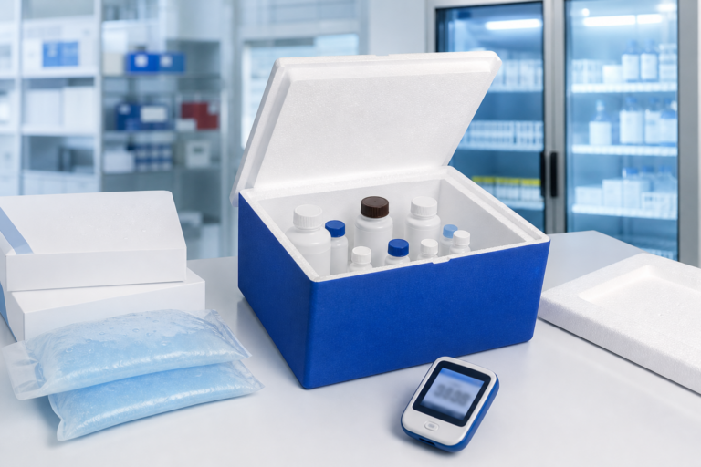 Blue insulated cold-chain box with coagulation reagent bottles and temperature logger