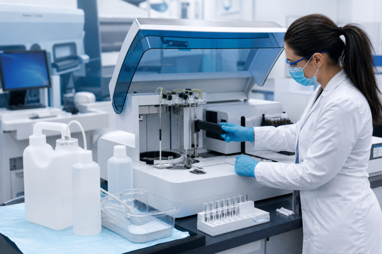 Blue and white coagulation analyzer maintenance scene with cleaning solutions and cuvettes