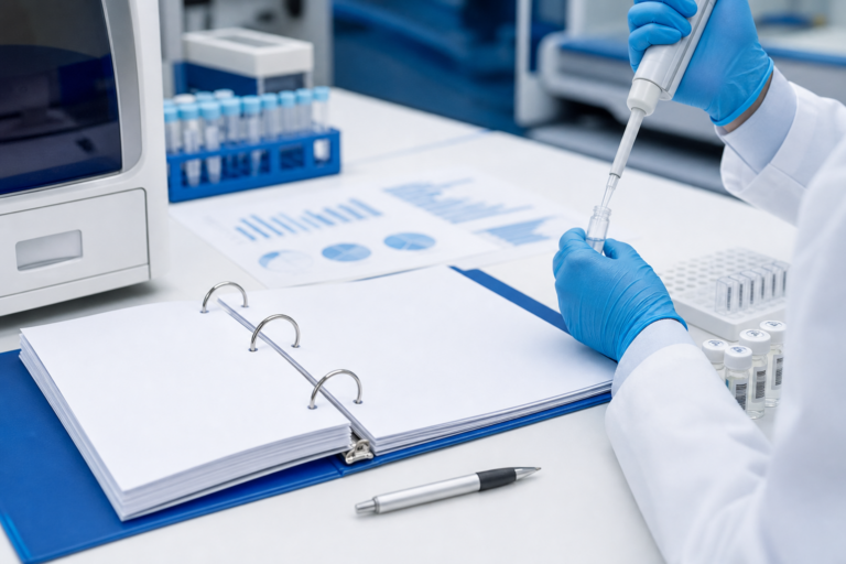 OEM coagulation reagent documentation binder with vials and laboratory testing materials