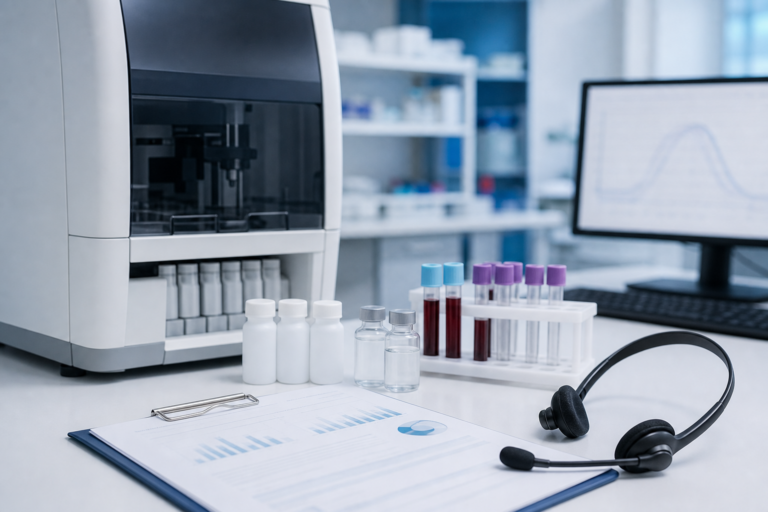 Coagulation laboratory bench with FDP reagents and communication headset