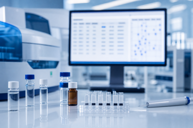 Coagulation diagnostics bench with D-Dimer and FDP reagent vials and blurred data screen