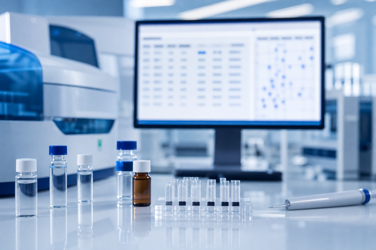 Coagulation diagnostics bench with D-Dimer and FDP reagent vials and blurred data screen