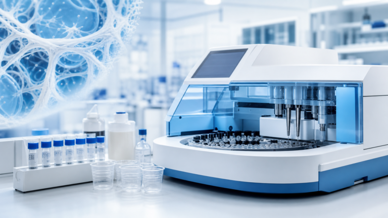 Coagulation analyzer and thrombin time reagent workflow in a blue and white clinical laboratory