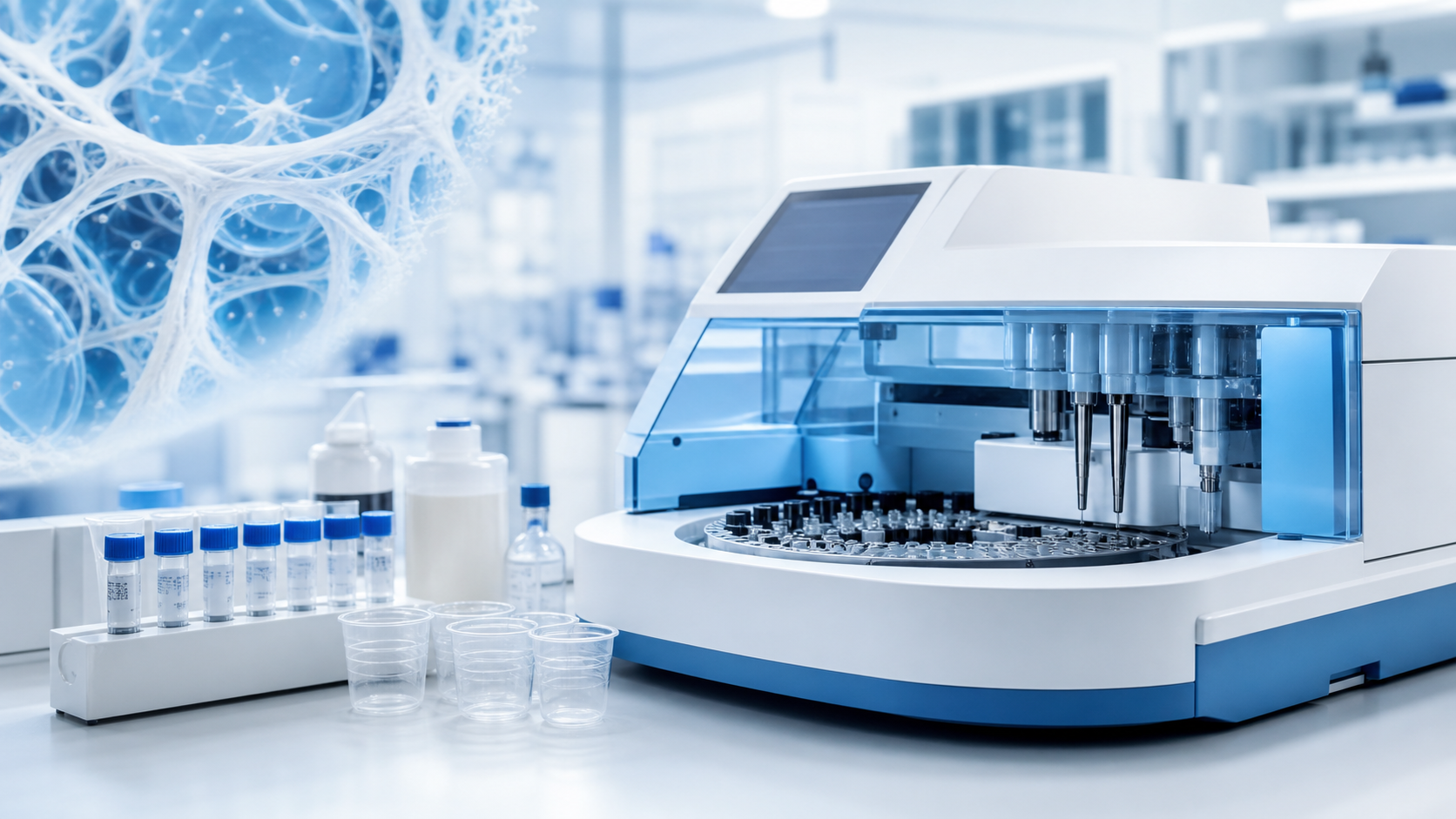 Coagulation analyzer and thrombin time reagent workflow in a blue and white clinical laboratory