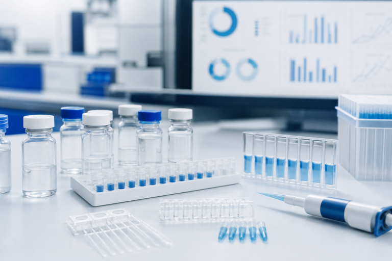 Blue and white coagulation reagent development bench with vials and cuvettes
