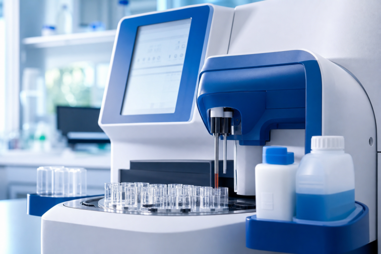 Blue and white coagulation analyzer with reagent bottles and cuvettes