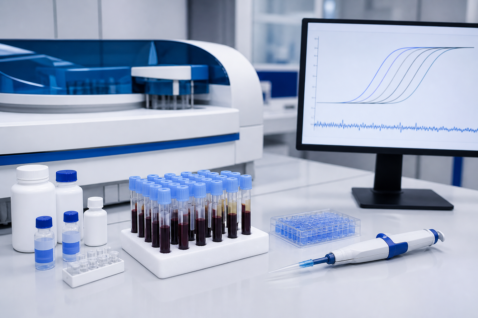 Blue and white coagulation diagnostics laboratory setup for APTT reagent sensitivity and analyzer application