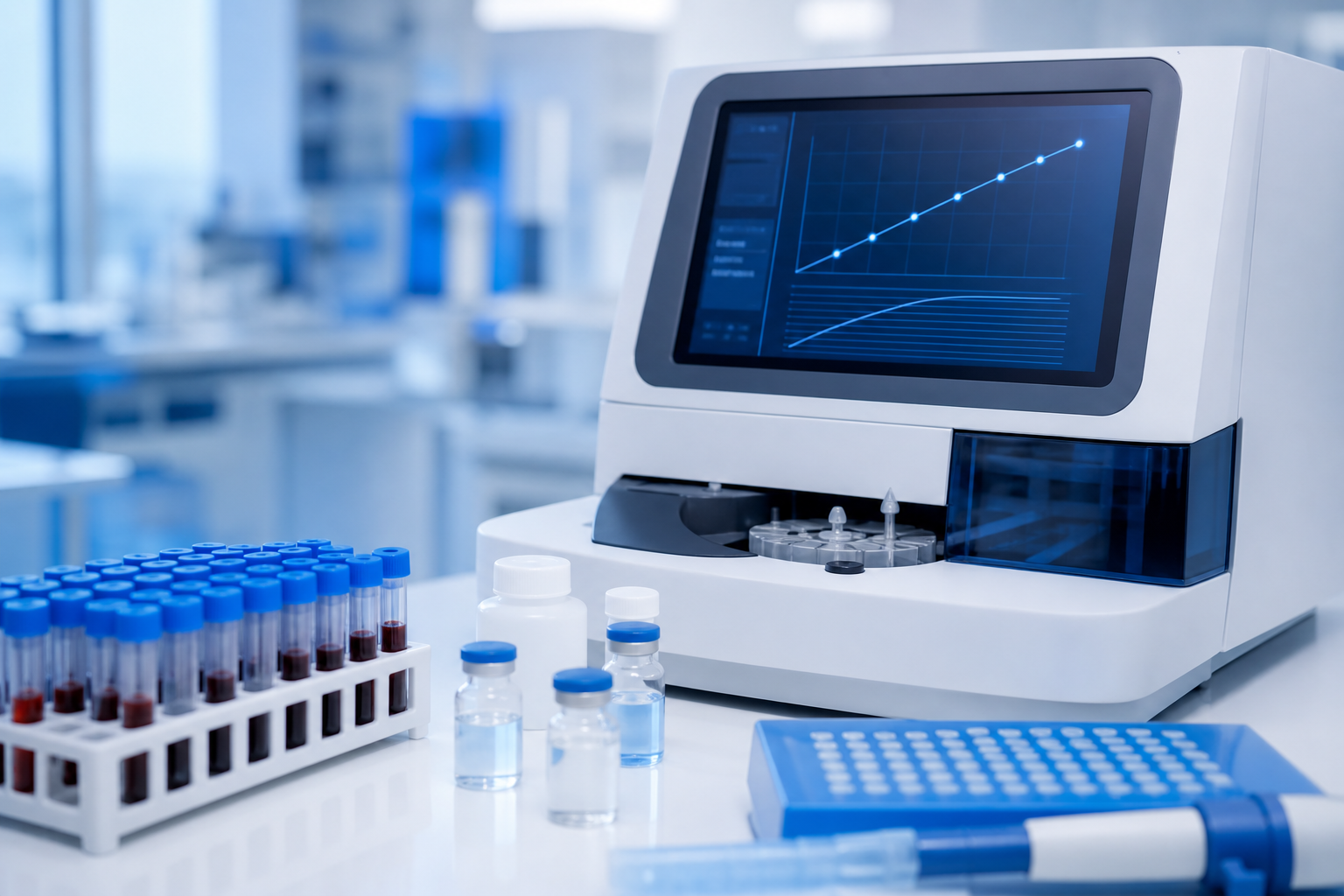 Blue and white coagulation diagnostics laboratory setup for Clauss fibrinogen calibration and linearity