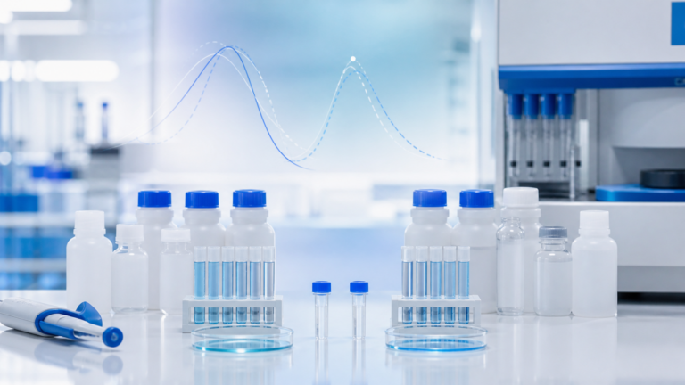 Blue and white coagulation diagnostics laboratory scene for reagent lot change verification