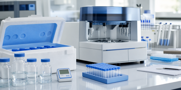 Blue and white coagulation diagnostics laboratory scene showing reagent stability and cold-chain workflow