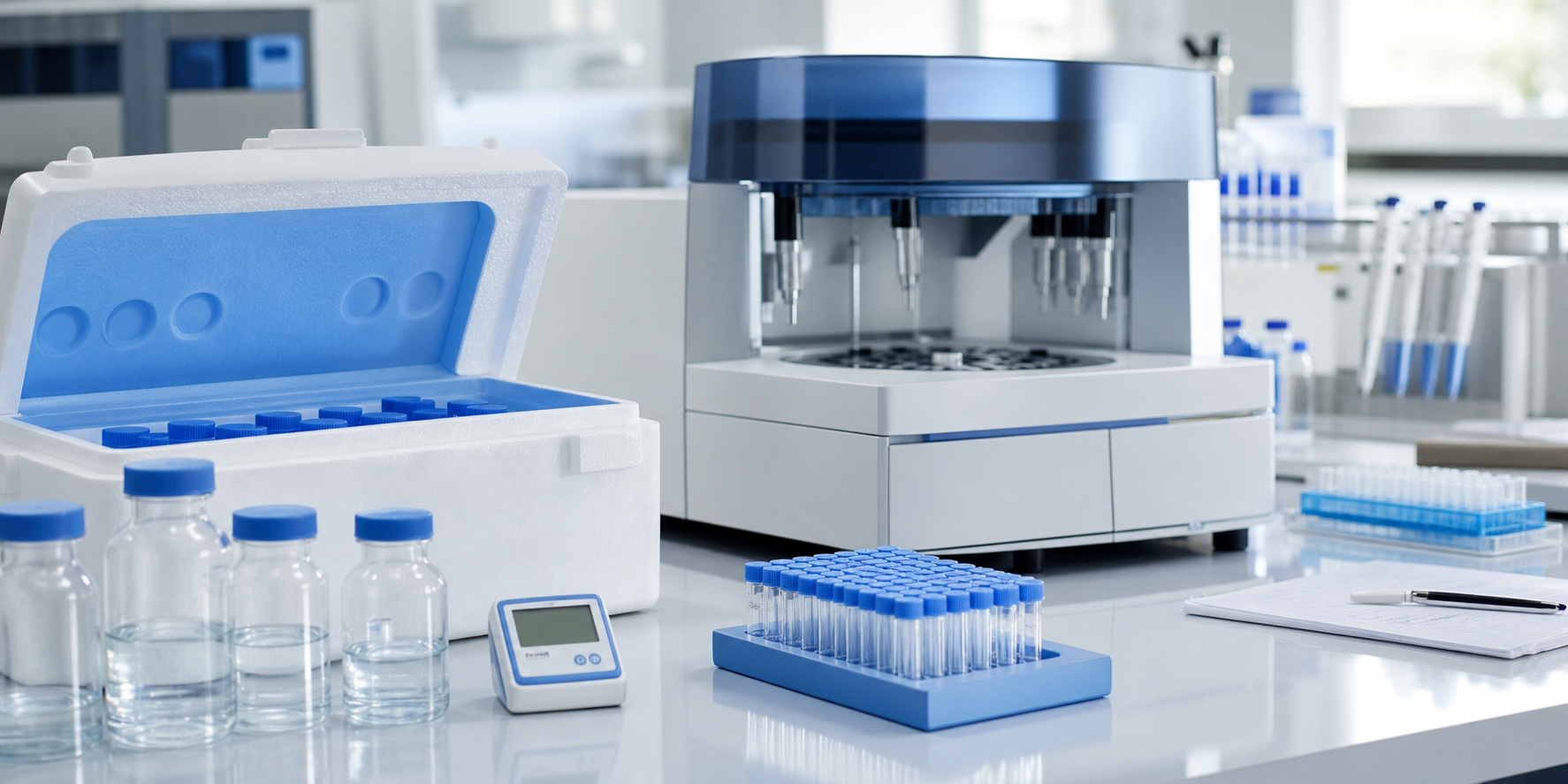 Blue and white coagulation diagnostics laboratory scene showing reagent stability and cold-chain workflow