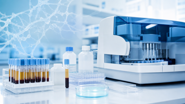 Blue and white coagulation diagnostics laboratory scene for D-Dimer testing and DIC workflow