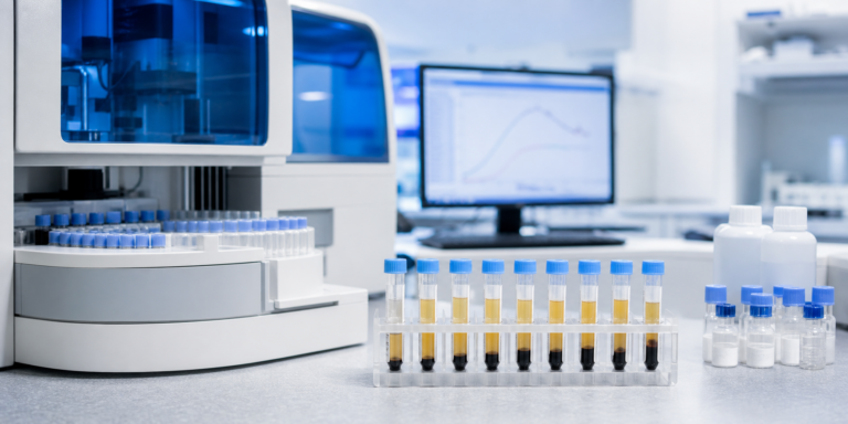 Blue and white coagulation diagnostics laboratory scene for D-Dimer testing workflow