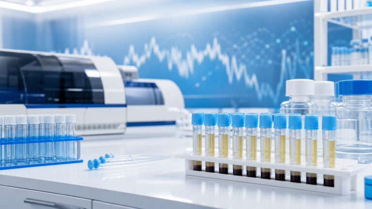 Blue and white coagulation diagnostics laboratory scene for DOAC interference testing