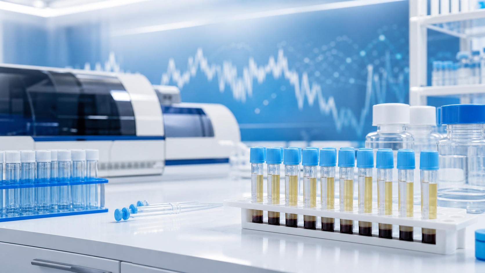 Blue and white coagulation diagnostics laboratory scene for DOAC interference testing