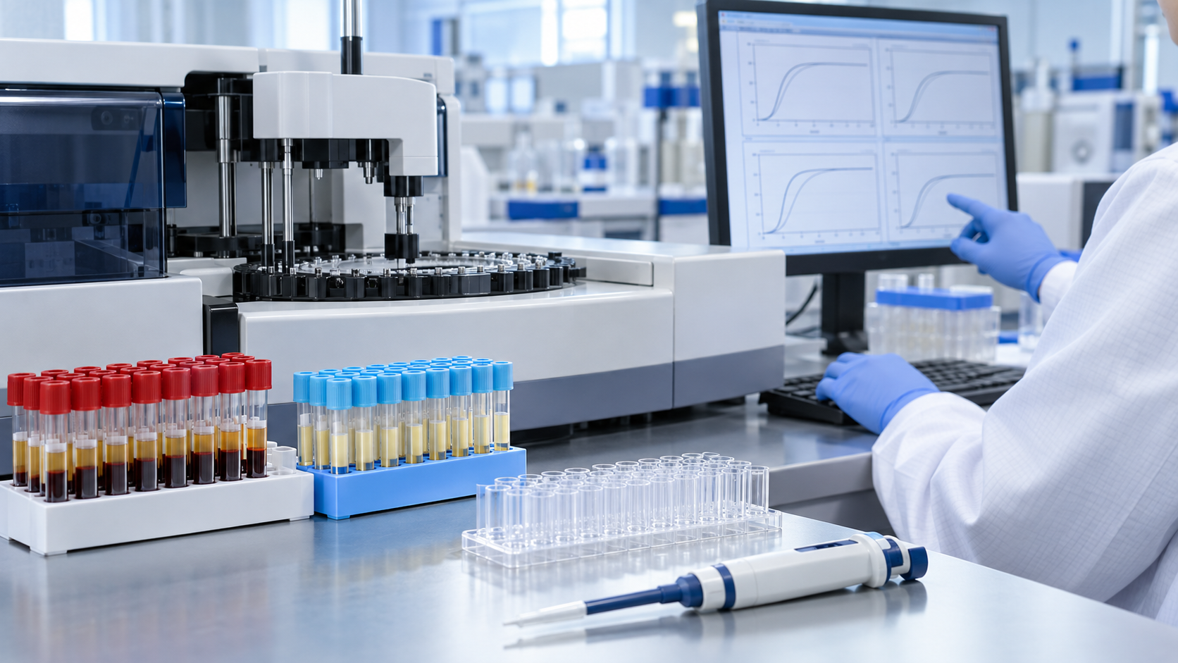 Blue and white coagulation laboratory checking analyzer carryover with high-to-low sample sequences