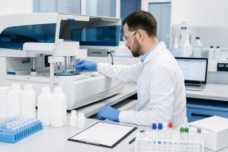 Blue and white coagulation laboratory performing analyzer installation acceptance testing