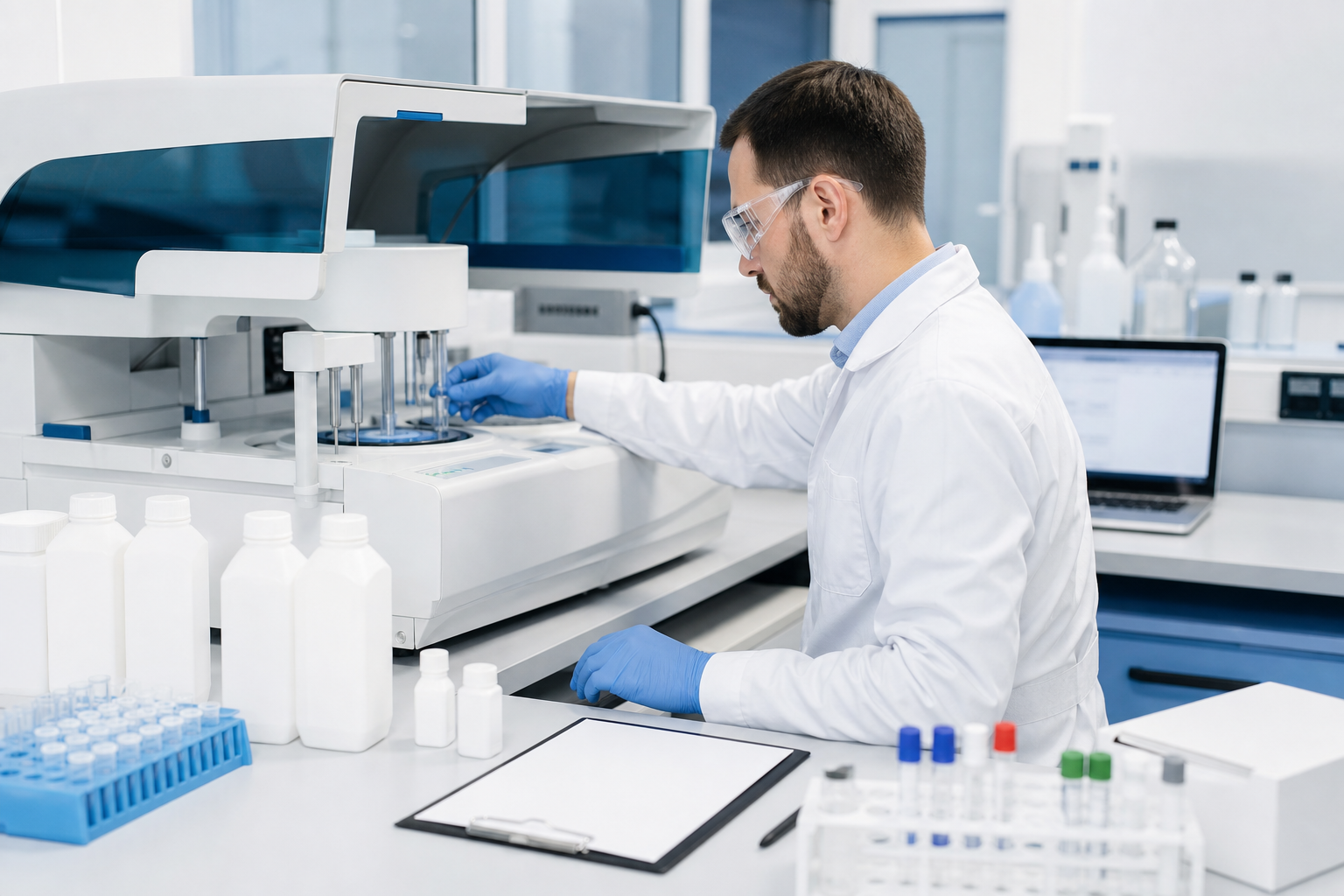 Blue and white coagulation laboratory performing analyzer installation acceptance testing