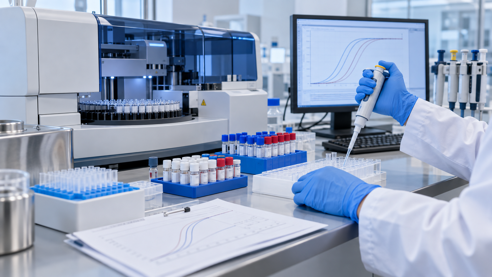 Blue and white coagulation laboratory preparing calibrators and quality control materials