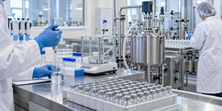 Blue and white pilot-scale coagulation reagent manufacturing and filling workflow
