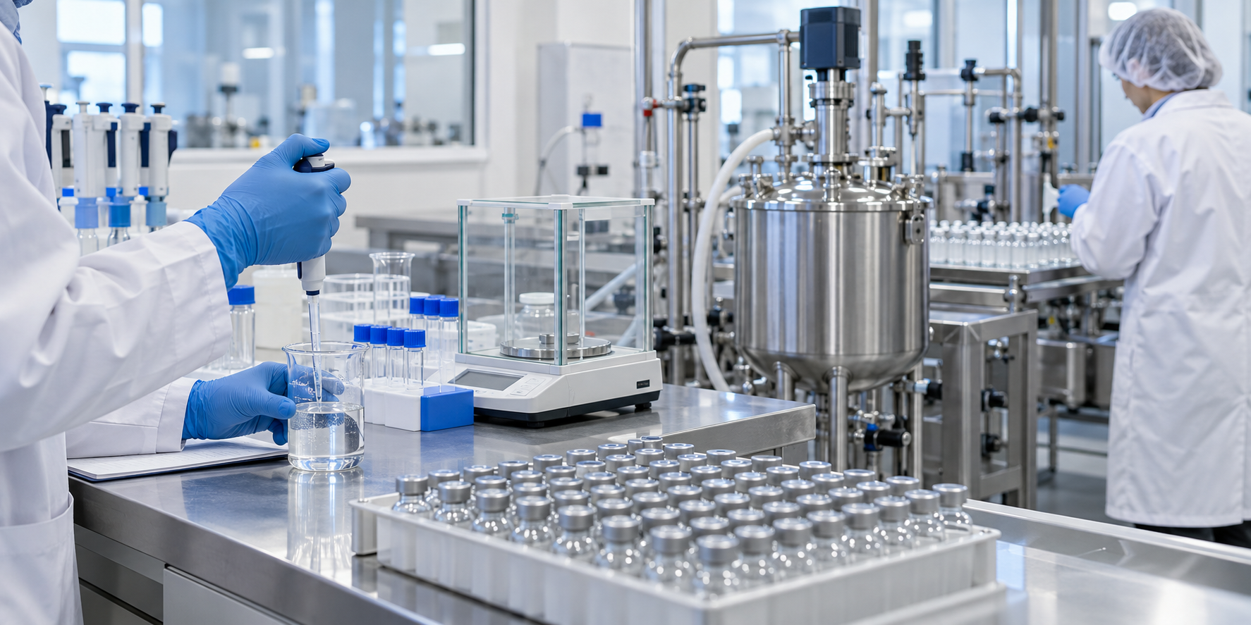 Blue and white pilot-scale coagulation reagent manufacturing and filling workflow