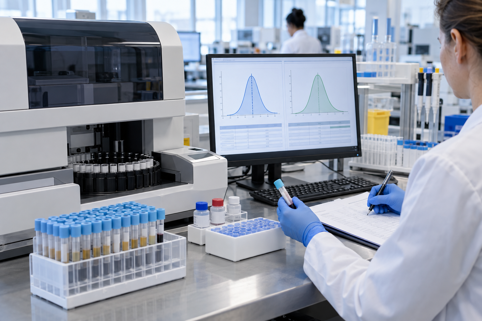 Blue and white coagulation laboratory verifying reference intervals after a method change