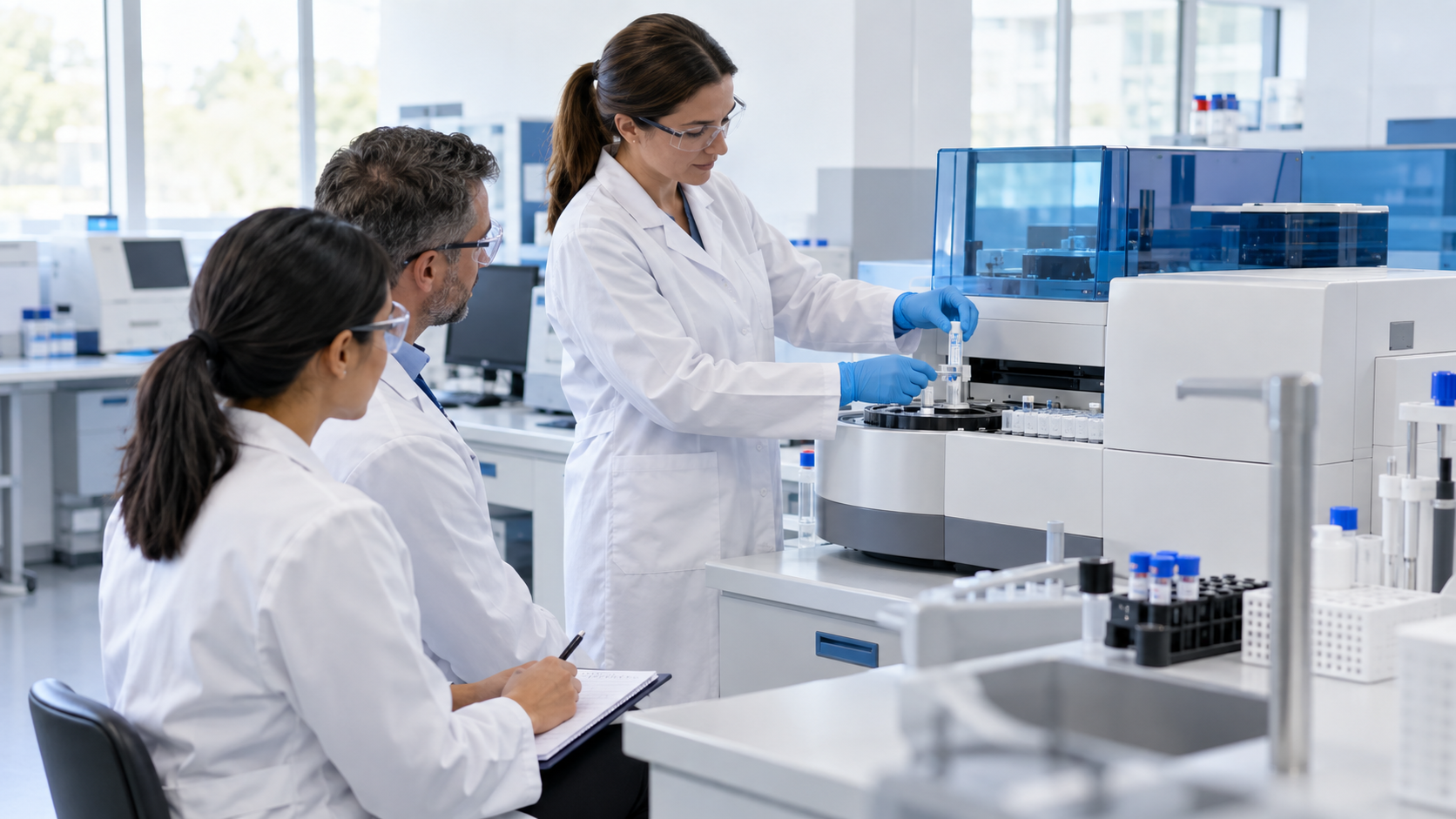 Blue and white coagulation laboratory technical training session for diagnostic distributors