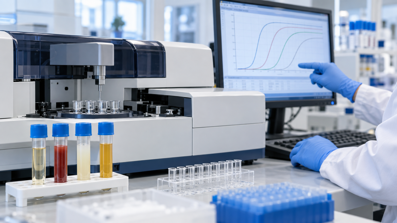 Blue and white coagulation laboratory assessing optical interference in plasma samples