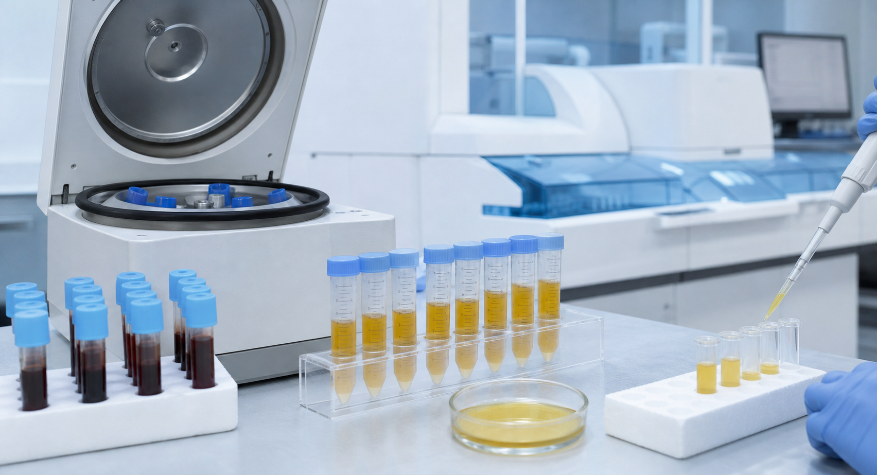 Blue and white clinical laboratory preparing platelet-poor plasma for coagulation testing