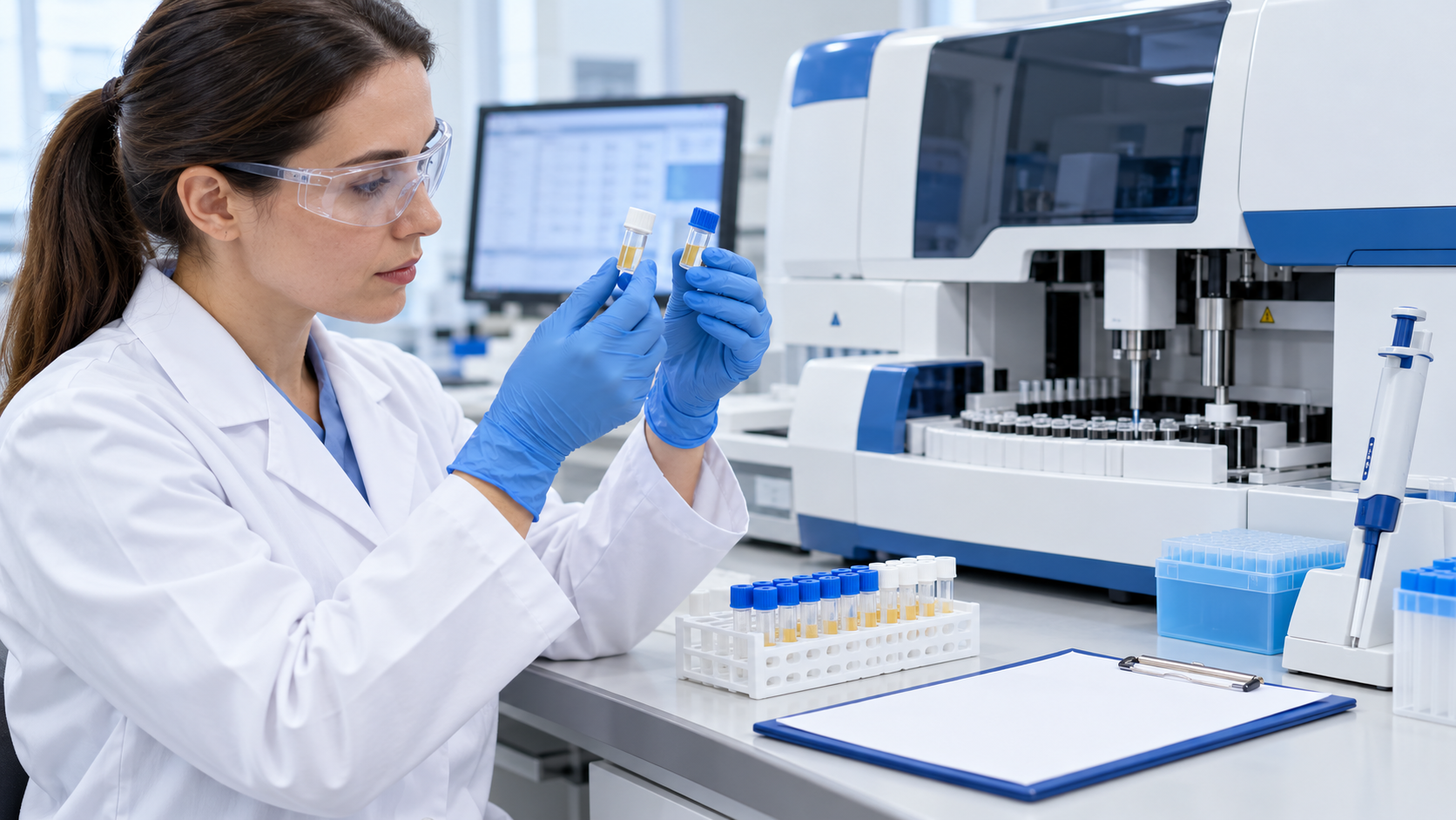 Laboratory scientist reviewing plasma quality assessment materials beside a coagulation analyzer