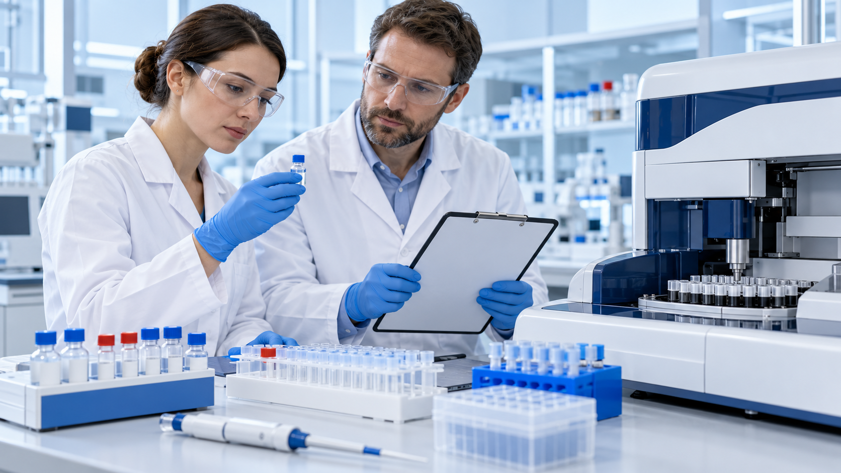 Laboratory scientists reviewing reagent evidence beside a coagulation analyzer