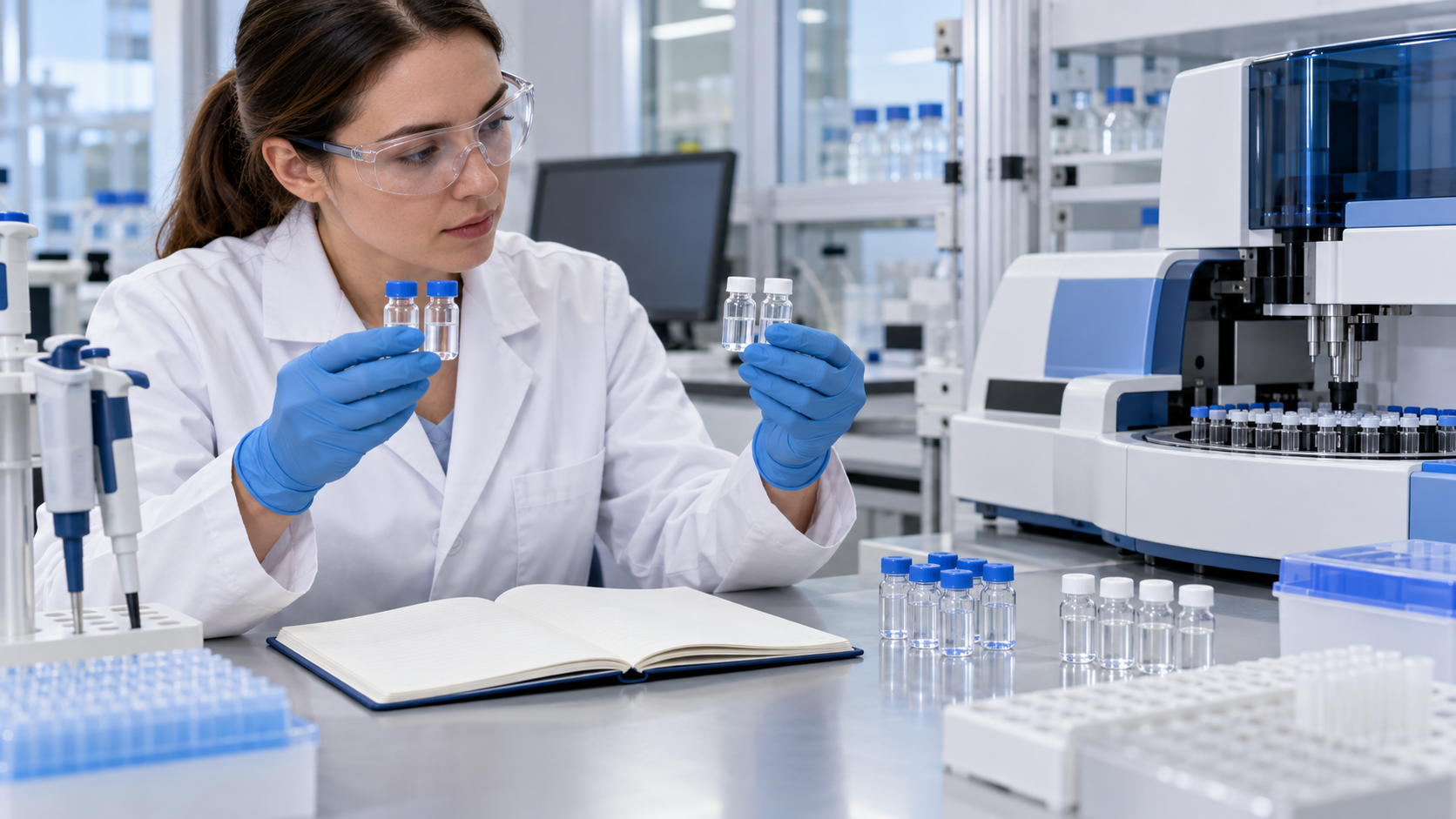Laboratory scientist comparing reagent vials beside a coagulation analyzer